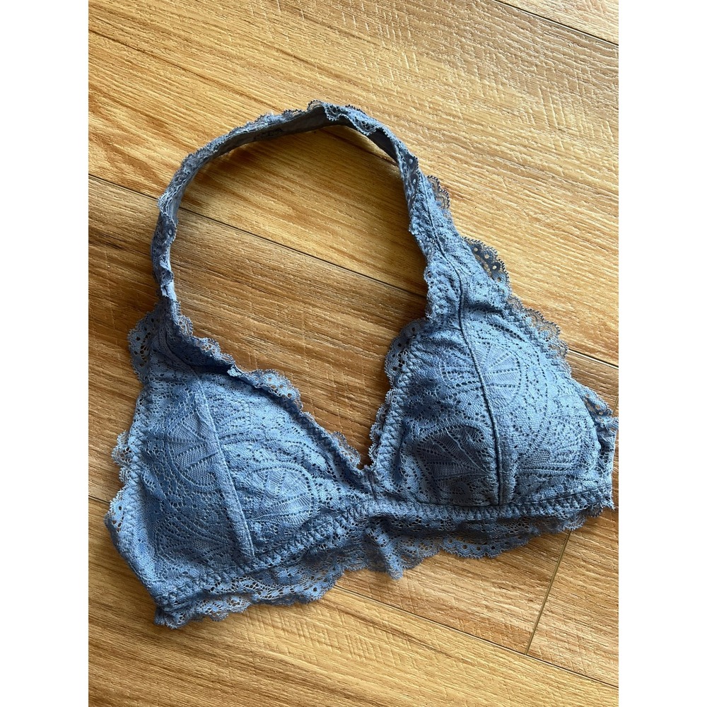 Gilly Hicks Blue Lace Halter Bralette XS Floral‎ Scalloped Hook Back Intimates